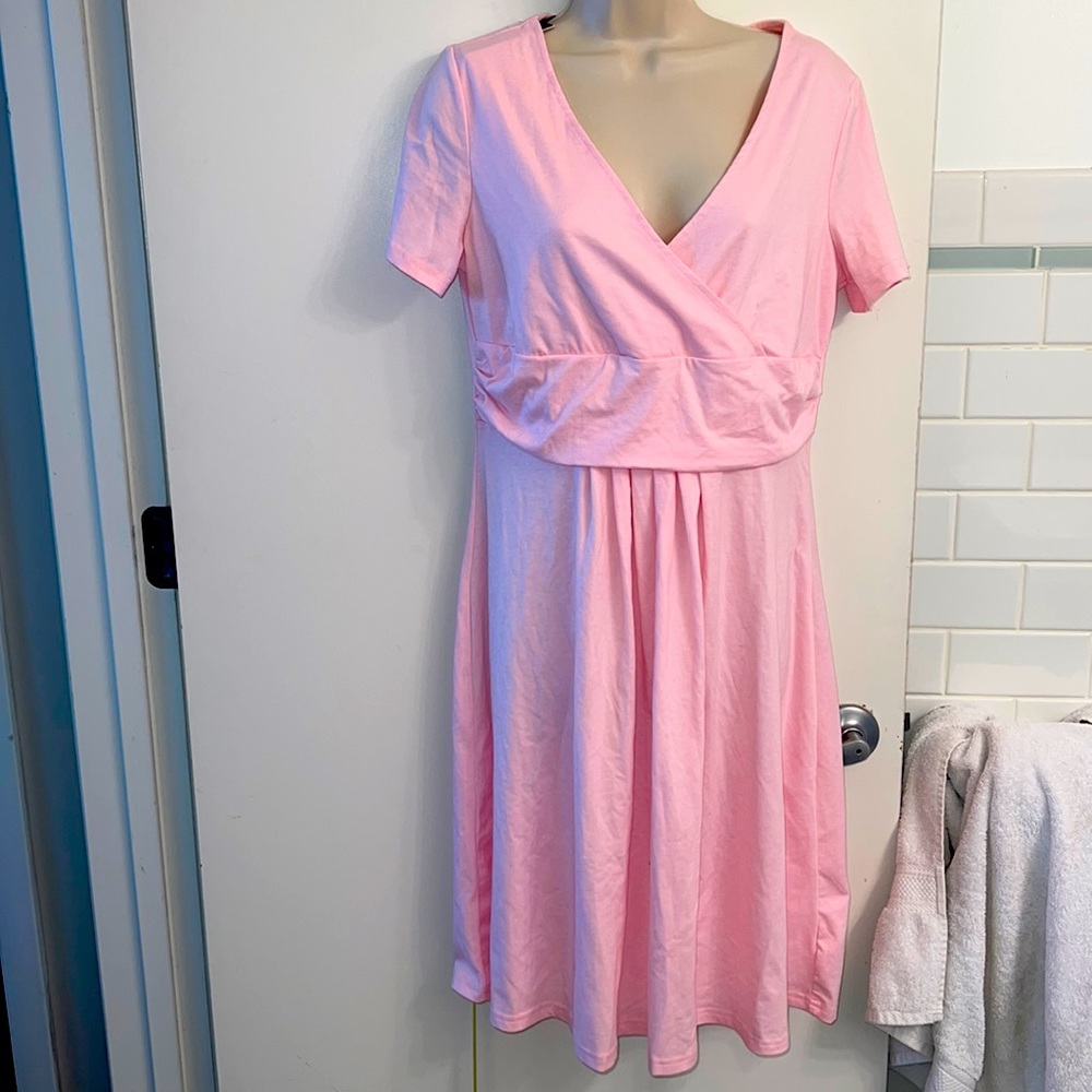 Xxl is what it is marke size 14-16  pink cotton blend empire waist vneck dress.
